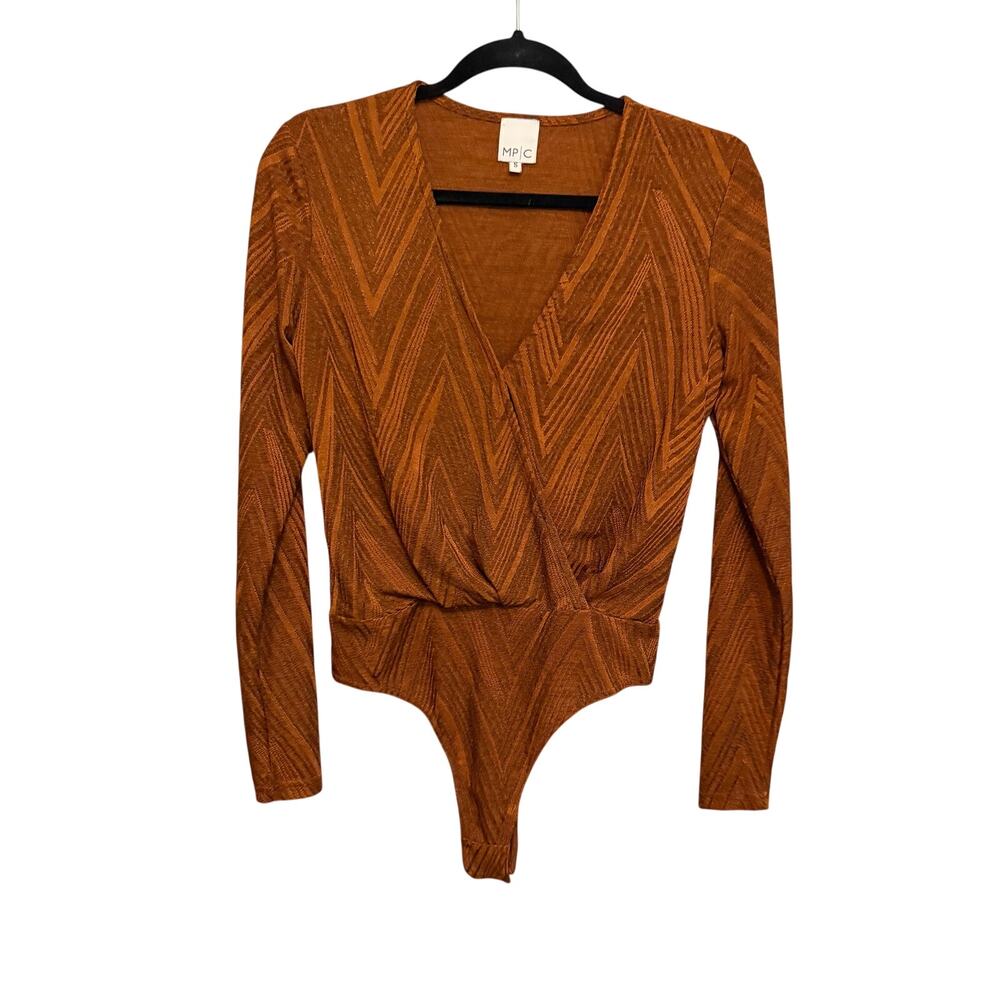MP|C Faux Wrap Bodysuit S Orange Chevron Boho Festival Casual Chic Contemporary